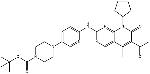 tert-butyl 4-(6-((6-acetyl-8-cyclopentyl-5-methyl-7-oxo-7,8-dihydropyrido[2,3-d]pyrimidin-2-yl)amino)pyridin-3-yl)piperazine-1-carboxylate 化学構造式