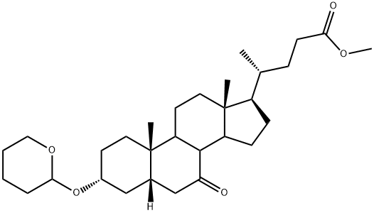 (R)-methyl 4-((3R,5S,10S,13R,17R)-10,13-dimethyl-7-oxo-3-(tetrahydro-2H-pyran-2-yloxy)-hexadecahydro-1H-cyclopenta[a]phenanthren-17-yl)pentanoate 化学構造式