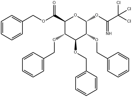 2,3,4-Tris-O-(phenylmethyl)-alpha-D-glucopyranuronic acid phenylmethyl ester 1-(2,2,2-trichloroethanimidate) 化学構造式