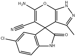 5′-クロロ-2′-オキソ-3-メチル-6-アミノスピロ[ピラノ[2,3-c]ピラゾール-4(2H),3′-インドリン]-5-カルボニトリル 化学構造式