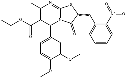 ethyl (2E)-5-(3,4-dimethoxyphenyl)-7-methyl-2-(2-nitrobenzylidene)-3-oxo-2,3-dihydro-5H-[1,3]thiazolo[3,2-a]pyrimidine-6-carboxylate 结构式