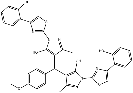4,4'-[(4-methoxyphenyl)methanediyl]bis{1-[4-(2-hydroxyphenyl)-1,3-thiazol-2-yl]-3-methyl-1H-pyrazol-5-ol} Struktur