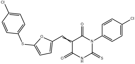 (5E)-1-(4-chlorophenyl)-5-({5-[(4-chlorophenyl)sulfanyl]furan-2-yl}methylidene)-2-thioxodihydropyrimidine-4,6(1H,5H)-dione Structure