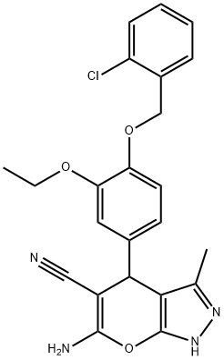 6-amino-4-{4-[(2-chlorobenzyl)oxy]-3-ethoxyphenyl}-3-methyl-1,4-dihydropyrano[2,3-c]pyrazole-5-carbonitrile 结构式