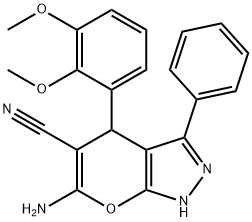 6-amino-4-(2,3-dimethoxyphenyl)-3-phenyl-1,4-dihydropyrano[2,3-c]pyrazole-5-carbonitrile 结构式