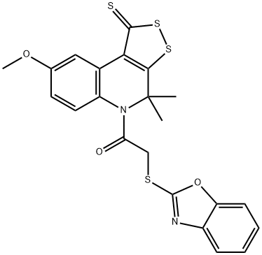 2-(1,3-benzoxazol-2-ylsulfanyl)-1-(8-methoxy-4,4-dimethyl-1-thioxo-1,4-dihydro-5H-[1,2]dithiolo[3,4-c]quinolin-5-yl)ethanone 结构式