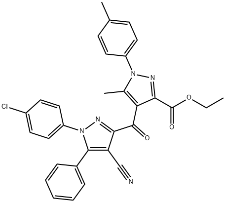 ethyl 4-(1-(4-chlorophenyl)-4-cyano-5-phenyl-1H-pyrazole-3-carbonyl)-5-methyl-1-(p-tolyl)-1H-pyrazole-3-carboxylate 结构式