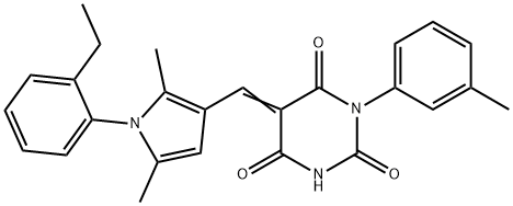 (5E)-5-{[1-(2-ethylphenyl)-2,5-dimethyl-1H-pyrrol-3-yl]methylidene}-1-(3-methylphenyl)pyrimidine-2,4,6(1H,3H,5H)-trione 结构式