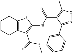 methyl 2-{[(5-methyl-3-phenyl-4-isoxazolyl)carbonyl]amino}-4,5,6,7-tetrahydro-1-benzothiophene-3-carboxylate 化学構造式