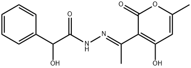 (E)-2-hydroxy-N'-(1-(4-hydroxy-6-methyl-2-oxo-2H-pyran-3-yl)ethylidene)-2-phenylacetohydrazide Struktur