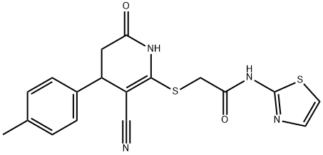 2-{[3-cyano-4-(4-methylphenyl)-6-oxo-1,4,5,6-tetrahydropyridin-2-yl]sulfanyl}-N-(1,3-thiazol-2-yl)acetamide 化学構造式
