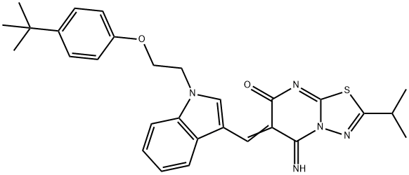 (6Z)-6-({1-[2-(4-tert-butylphenoxy)ethyl]-1H-indol-3-yl}methylidene)-5-imino-2-(propan-2-yl)-5,6-dihydro-7H-[1,3,4]thiadiazolo[3,2-a]pyrimidin-7-one Struktur