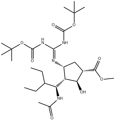 (1S,2S,3R,4R)-METHYL 3-((S)-1-ACETAMIDO-2-ETHYLBUTYL)-4-((Z)-2,3-BIS(TERT-BUTOXYCARBONYL)GUANIDINO)-2-HYDROXYCYCLOPENTANECARBOXYLATE Struktur