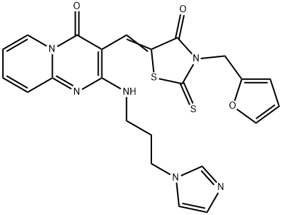 3-{(Z)-[3-(furan-2-ylmethyl)-4-oxo-2-thioxo-1,3-thiazolidin-5-ylidene]methyl}-2-{[3-(1H-imidazol-1-yl)propyl]amino}-4H-pyrido[1,2-a]pyrimidin-4-one 结构式