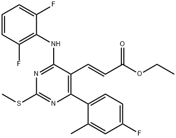 ethyl 3-(4-((2,6-difluorophenyl)amino)-6-(4-fluoro-2-methylphenyl)-2-(methylthio)pyrimidin-5-yl)acrylate(WXG01153) 化学構造式