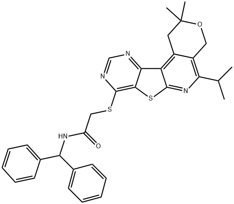 N-benzhydryl-2-((5-isopropyl-2,2-dimethyl-2,4-dihydro-1H-pyrano[4'',3'':4',5']pyrido[3',2':4,5]thieno[3,2-d]pyrimidin-8-yl)thio)acetamide Structure