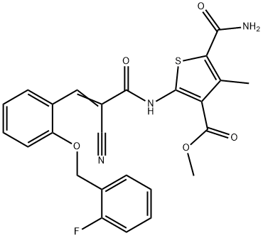 (E)-methyl 5-carbamoyl-2-(2-cyano-3-(2-((2-fluorobenzyl)oxy)phenyl)acrylamido)-4-methylthiophene-3-carboxylate Structure