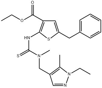 ethyl 5-benzyl-2-(3-((1-ethyl-5-methyl-1H-pyrazol-4-yl)methyl)-3-methylthioureido)thiophene-3-carboxylate 化学構造式