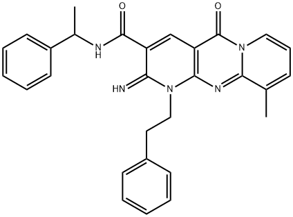 2-imino-10-methyl-5-oxo-N-(1-phenylethyl)-1-(2-phenylethyl)-1,5-dihydro-2H-dipyrido[1,2-a:2',3'-d]pyrimidine-3-carboxamide 化学構造式