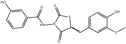 3-hydroxy-N-[(5Z)-5-(4-hydroxy-3-methoxybenzylidene)-4-oxo-2-thioxo-1,3-thiazolidin-3-yl]benzamide 结构式