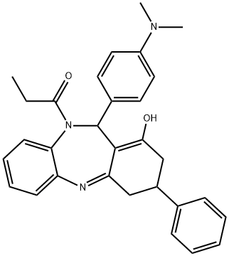 1-(11-(4-(dimethylamino)phenyl)-1-hydroxy-3-phenyl-3,4-dihydro-2H-dibenzo[b,e][1,4]diazepin-10(11H)-yl)propan-1-one 结构式