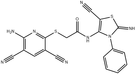 2-[(6-amino-3,5-dicyanopyridin-2-yl)sulfanyl]-N-(5-cyano-2-imino-3-phenyl-2,3-dihydro-1,3-thiazol-4-yl)acetamide,676539-08-5,结构式