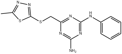 6-{[(5-methyl-1,3,4-thiadiazol-2-yl)sulfanyl]methyl}-N-phenyl-1,3,5-triazine-2,4-diamine Struktur