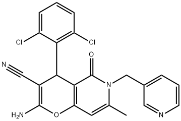 2-amino-4-(2,6-dichlorophenyl)-7-methyl-5-oxo-6-(pyridin-3-ylmethyl)-5,6-dihydro-4H-pyrano[3,2-c]pyridine-3-carbonitrile Structure