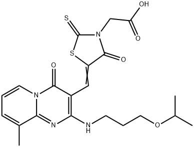 {(5Z)-5-[(9-methyl-4-oxo-2-{[3-(propan-2-yloxy)propyl]amino}-4H-pyrido[1,2-a]pyrimidin-3-yl)methylidene]-4-oxo-2-thioxo-1,3-thiazolidin-3-yl}acetic acid Structure