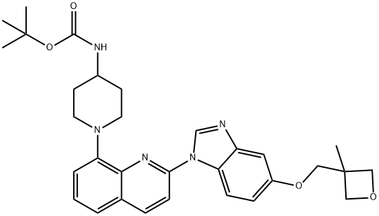 tert-butyl (1-(2-(5-((3-methyloxetan-3-yl)methoxy)-1H-benzo[d]imidazol-1-yl)quinolin-8-yl)piperidin-4-yl)carbamate 化学構造式