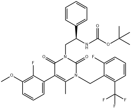 Carbamic acid, N-[(1R)-2-[5-(2-fluoro-3-methoxyphenyl)-3-[[2-fluoro-6-(trifluoromethyl)phenyl]methyl]-3,6-dihydro-4-methyl-2,6-dioxo-1(2H)-pyrimidinyl]-1-phenylethyl]-, 1,1-dimethylethyl ester Structure