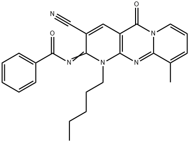 N-(3-cyano-10-methyl-5-oxo-1-pentyl-1,5-dihydro-2H-dipyrido[1,2-a:2,3-d]pyrimidin-2-ylidene)benzamide Struktur