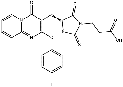 3-[(5Z)-5-{[2-(4-fluorophenoxy)-4-oxo-4H-pyrido[1,2-a]pyrimidin-3-yl]methylidene}-4-oxo-2-thioxo-1,3-thiazolidin-3-yl]propanoic acid 化学構造式