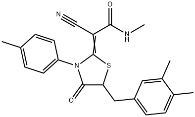 2-cyano-2-[5-(3,4-dimethylbenzyl)-3-(4-methylphenyl)-4-oxo-1,3-thiazolidin-2-ylidene]-N-methylacetamide Struktur