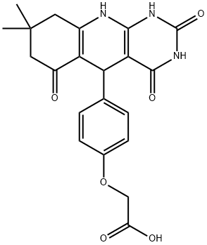 2-(4-(2,4-dihydroxy-8,8-dimethyl-6-oxo-5,6,7,8,9,10-hexahydropyrimido[4,5-b]quinolin-5-yl)phenoxy)acetic acid 化学構造式