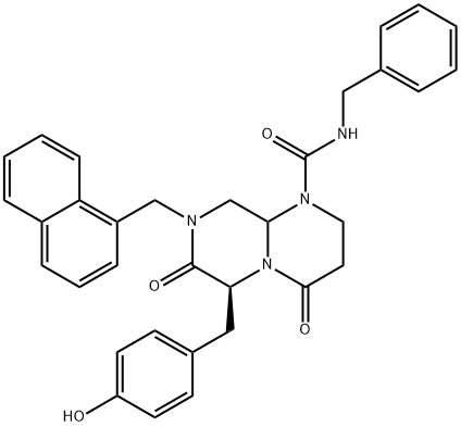 2H-Pyrazino[1,2-a]pyrimidine-1(6H)-carboxamide, hexahydro-6-[(4-hydroxyphenyl)methyl]-8-(1-naphthalenylmethyl)-4,7-dioxo-N-(phenylmethyl)-, (6S)-, 868774-16-7, 结构式