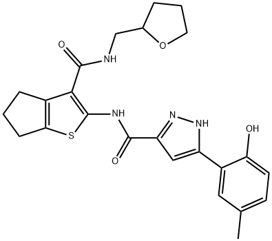 5-(2-hydroxy-5-methylphenyl)-N-{3-[(tetrahydrofuran-2-ylmethyl)carbamoyl]-5,6-dihydro-4H-cyclopenta[b]thiophen-2-yl}-1H-pyrazole-3-carboxamide,879460-75-0,结构式