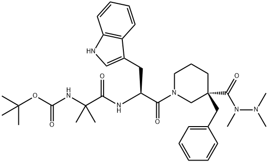 3-Piperidinecarboxylic acid, 1-[(2S)-2-[[2-[[(1,1-dimethylethoxy)carbonyl]amino]-2-methyl-1-oxopropyl]amino]-3-(1H-indol-3-yl)-1-oxopropyl]-3-(phenylmethyl)-, 1,2,2-trimethylhydrazide, (3R)- Struktur