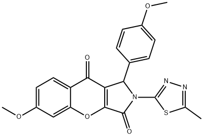 6-methoxy-1-(4-methoxyphenyl)-2-(5-methyl-1,3,4-thiadiazol-2-yl)-1,2-dihydrochromeno[2,3-c]pyrrole-3,9-dione,886176-39-2,结构式