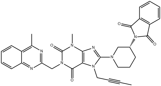 1H-Purine-2,6-dione, 7-(2-butyn-1-yl)-8-[(3R)-3-(1,3-dihydro-1,3-dioxo-2H-isoindol-2-yl)-1-piperidinyl]-3,7-dihydro-3-methyl-1-[(4-methyl-2-quinazolinyl)methyl]- 化学構造式