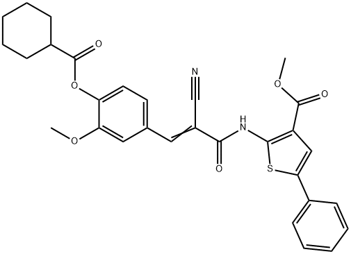 (E)-methyl 2-(2-cyano-3-(4-((cyclohexanecarbonyl)oxy)-3-methoxyphenyl)acrylamido)-5-phenylthiophene-3-carboxylate 化学構造式