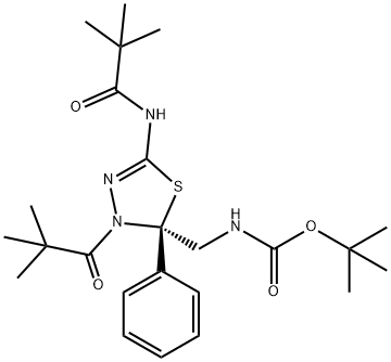 Carbamic acid, N-[[(2R)-3-(2,2-dimethyl-1-oxopropyl)-5-[(2,2-dimethyl-1-oxopropyl)amino]-2,3-dihydro-2-phenyl-1,3,4-thiadiazol-2-yl]methyl]-, 1,1-dimethylethyl ester Struktur