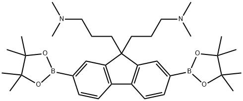 {3-[9-(3-Dimethylamino-propyl)-2,7-bis-(4,4,5,5-tetramethyl-[1,3,2]dioxaborolan-2-yl)-9H-fluoren-9-yl]-propyl}-dimethyl-amine Struktur