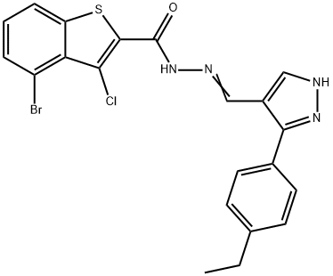(E)-4-bromo-3-chloro-N'-((3-(4-ethylphenyl)-1H-pyrazol-4-yl)methylene)benzo[b]thiophene-2-carbohydrazide,955567-32-5,结构式
