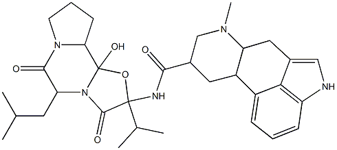 N-(10b-hydroxy-5-isobutyl-2-isopropyl-3,6-dioxooctahydro-2H-oxazolo[3,2-a]pyrrolo[2,1-c]pyrazin-2-yl)-7-methyl-4,6,6a,7,8,9,10,10a-octahydroindolo[4,3-fg]quinoline-9-carboxamide 化学構造式