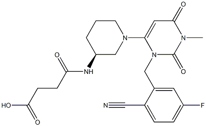 (S)-4-(1-(3-(2-氰基-5-氟苄基)-1-甲基-2,6-二氧杂-1,2,3,6-四氢嘧啶基-4-基)哌啶基-3-氨基)-4-氧杂丁酸, , 结构式