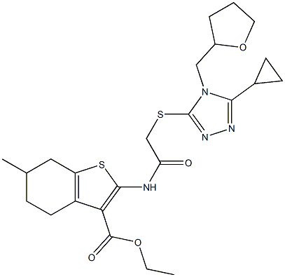 ethyl 2-(2-((5-cyclopropyl-4-((tetrahydrofuran-2-yl)methyl)-4H-1,2,4-triazol-3-yl)thio)acetamido)-6-methyl-4,5,6,7-tetrahydrobenzo[b]thiophene-3-carboxylate Struktur