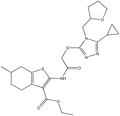 ethyl 2-(2-((5-cyclopropyl-4-((tetrahydrofuran-2-yl)methyl)-4H-1,2,4-triazol-3-yl)thio)acetamido)-6-methyl-4,5,6,7-tetrahydrobenzo[b]thiophene-3-carboxylate,,结构式