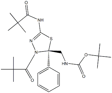 Carbamic acid, N-[[(2S)-3-(2,2-dimethyl-1-oxopropyl)-5-[(2,2-dimethyl-1-oxopropyl)amino]-2,3-dihydro-2-phenyl-1,3,4-thiadiazol-2-yl]methyl]-, 1,1-dimethylethyl ester Struktur