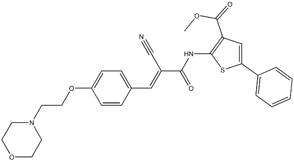(E)-methyl 2-(2-cyano-3-(4-(2-morpholinoethoxy)phenyl)acrylamido)-5-phenylthiophene-3-carboxylate 化学構造式
